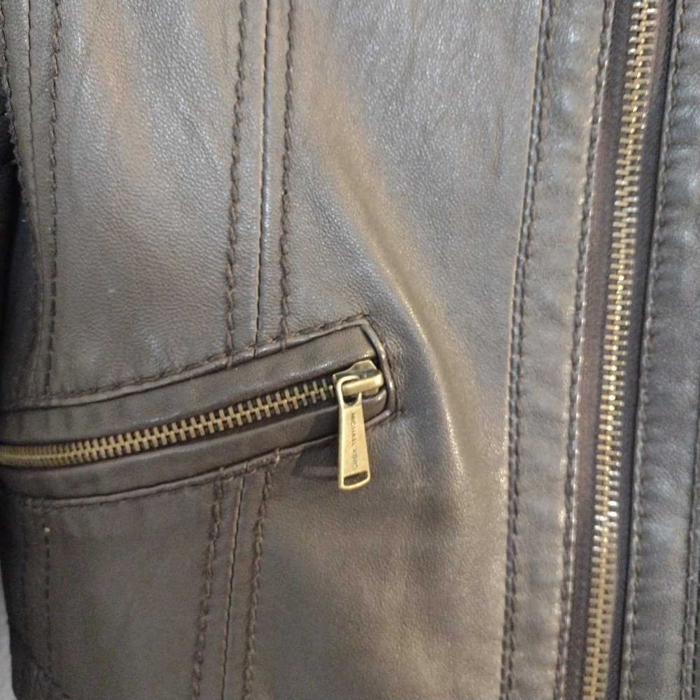 Michael Michael Kors | Brown Leather Jacket | Zip Front - Picture 10 of 15